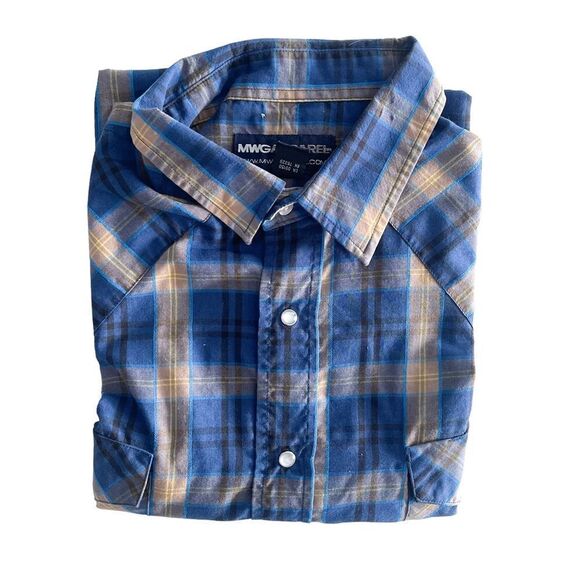MWG Apparel Western Shirt Men's L Snap-Up Blue Gold Black Plaid Long-Sleeved - Picture 11 of 11